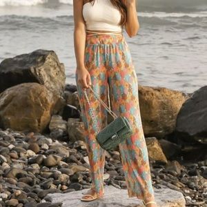 ZARA Multicolored Pleated Wide Legs Pants Elastic Waistband Size sm 5039/390 NWT